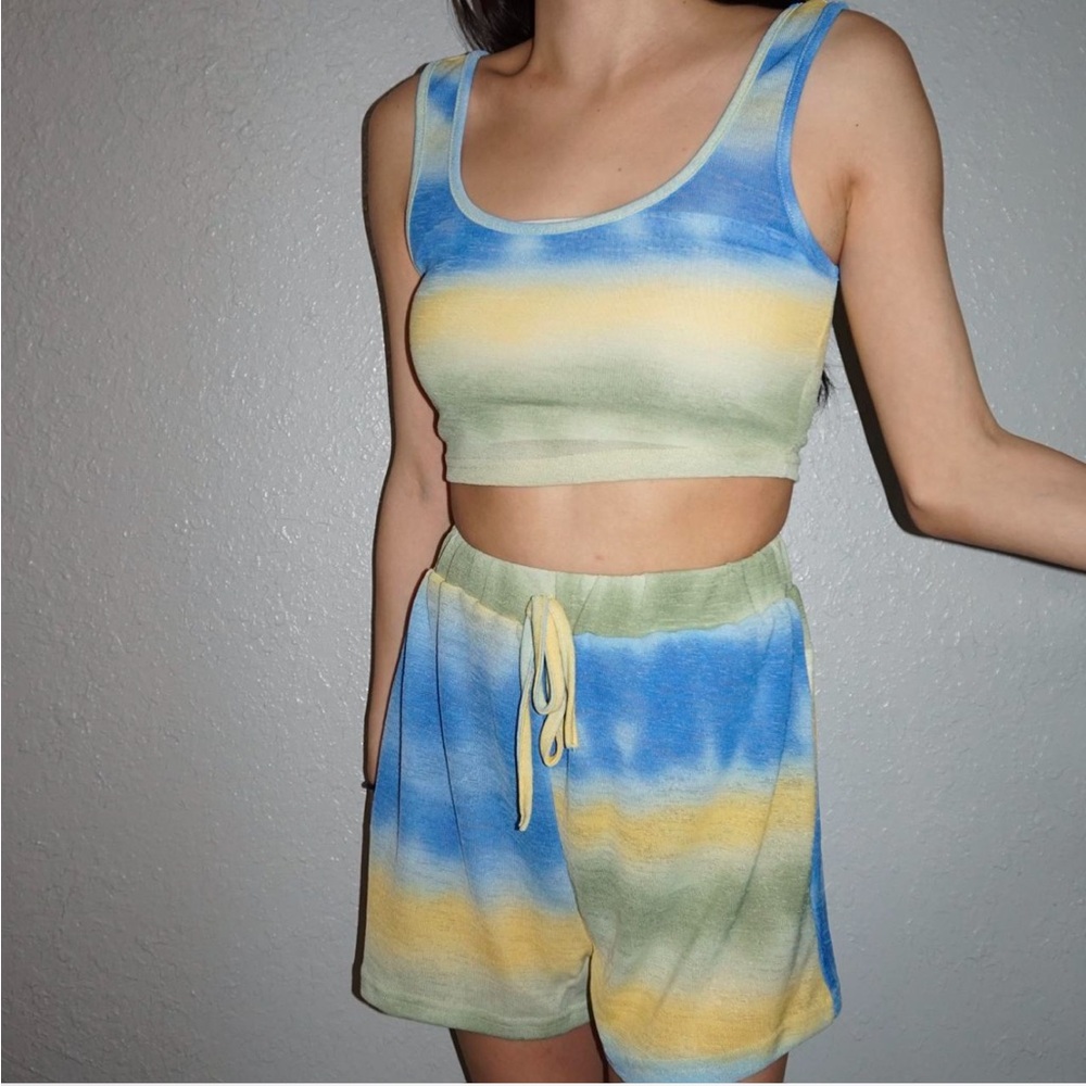 Striped Blue and Yellow Crop Top and Shorts Set